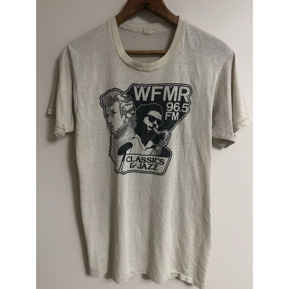 Vintage WFMR 96.5 Beige T-Shirt 1980s Classics & Jazz Short Sleeve Small